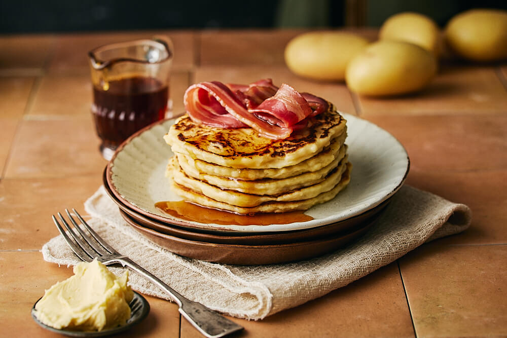 Gourmandine Potato Pancake Stack with Streaky Bacon & Maple Syrup - Mitolo Family Farms